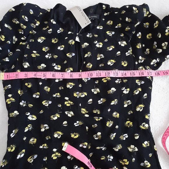 Banana Republic NWT Women's Size 10P Black Yellow Floral Puff-Sleeve Mini Dress - Picture 11 of 13